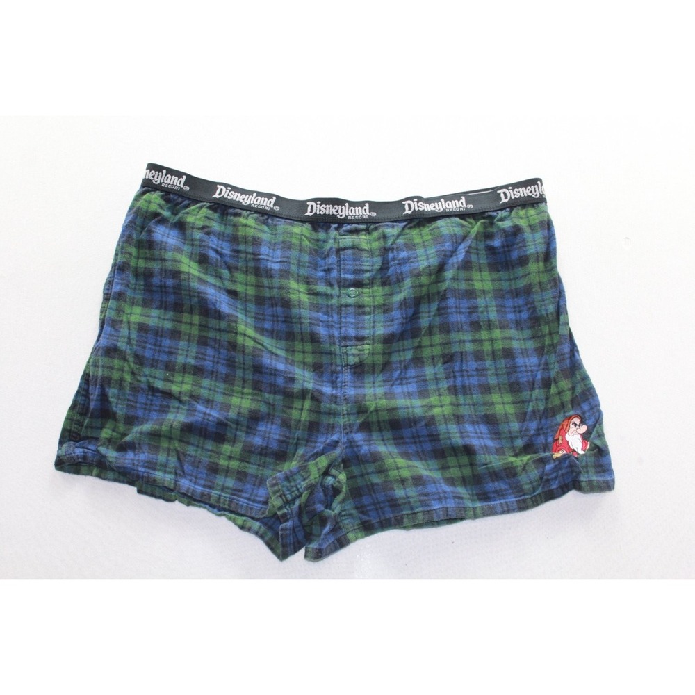 Disneyland Resort Grumpy Pajama Shorts Mens XL Blue Green Plaid Flannel Disney